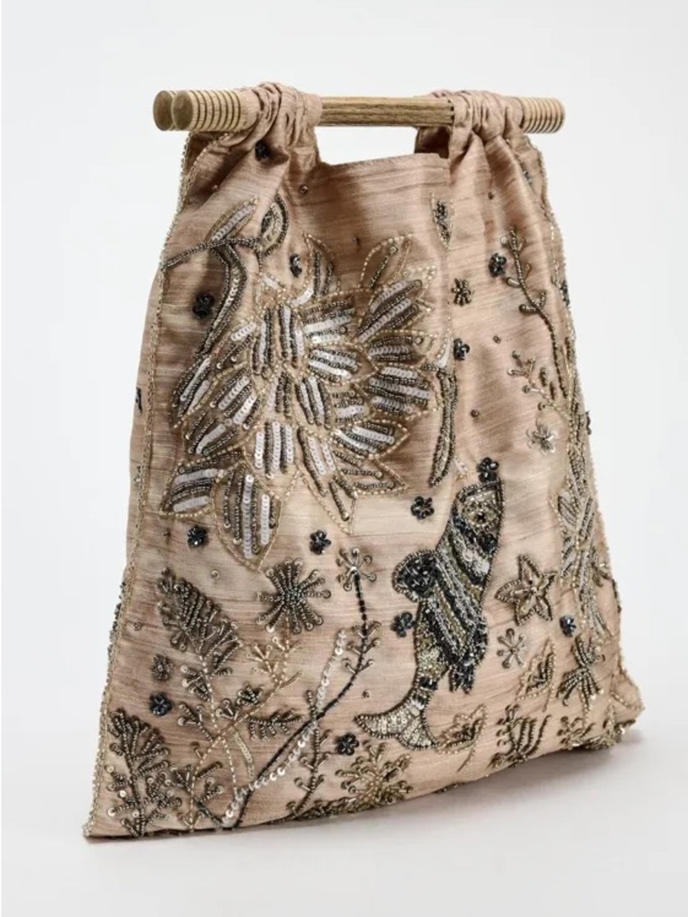 Zara NWT Blush Pink Beige Sequin Beaded Embroidered Wood Handle Clutch Handbag - Picture 3 of 7